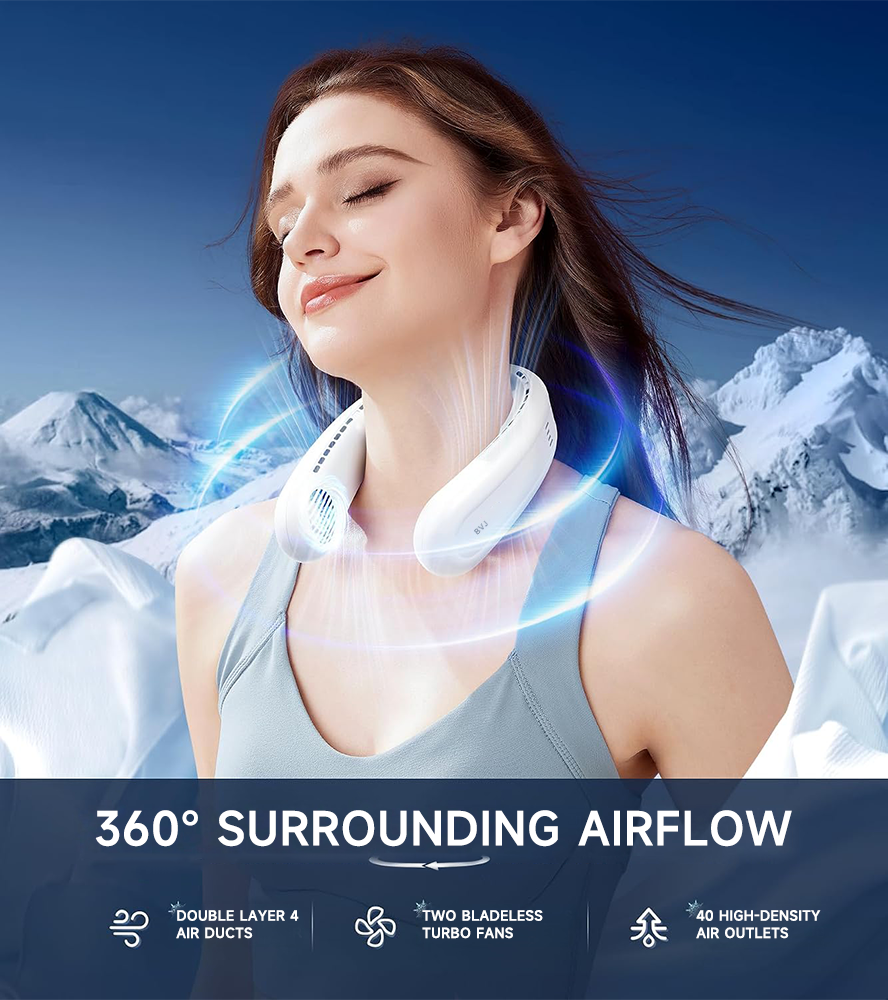 ❄️ BVJ Portable Neck Fan with Dual Cooling | 360° Airflow • Up to 8-Hour Battery Life • 3 Speeds | Great for Summer, Travel & Outdoor Activities