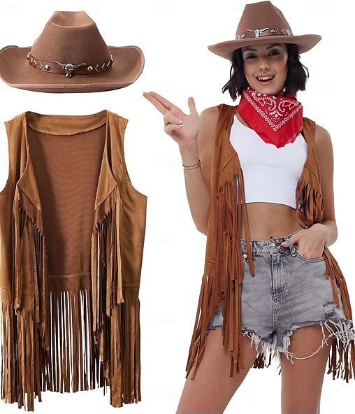 Western Outfits for Women Cowgirl Tassel Sleeveless Vest Cowboy Hat and Paisley Bandana