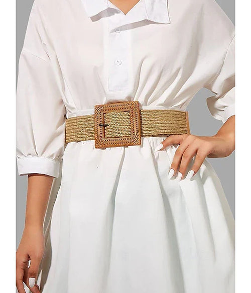 Women's Woven Straw Belt with Oversized Square Buckle – Boho Chic Style, Adjustable Fit for Casual or Beach Wear, Perfect for Spring and Summer Outfits