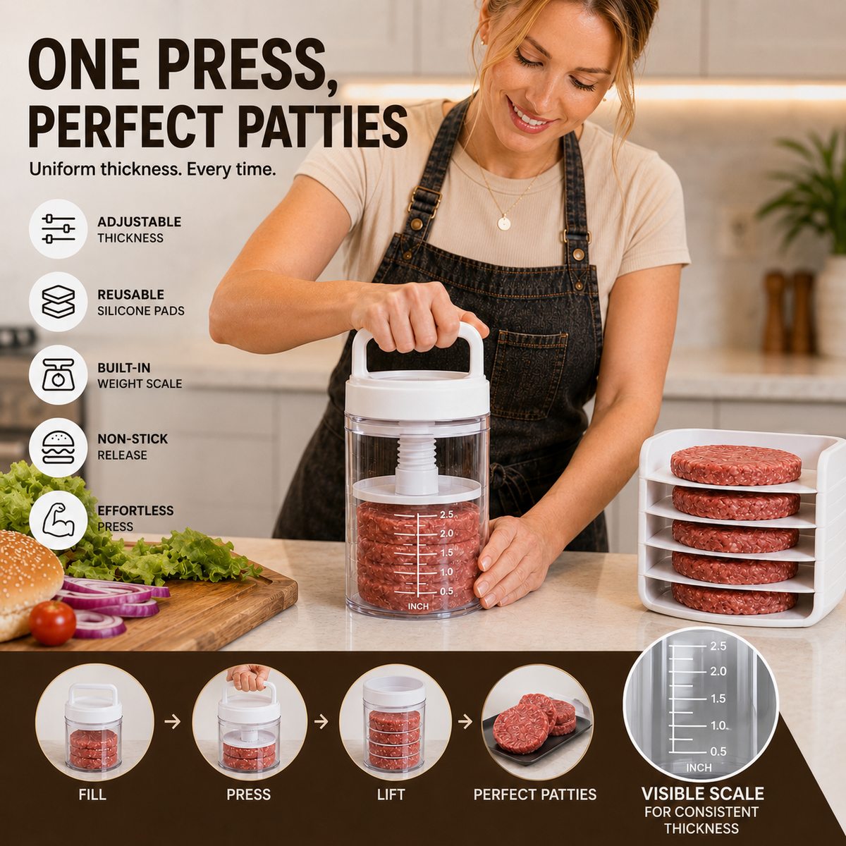 Multi-Function Patty Press | One-Press Uniform Patties | 🏠 Home Burgers • 🏕️ Camping • 🔥 BBQ • 🥩 Meal Prep
