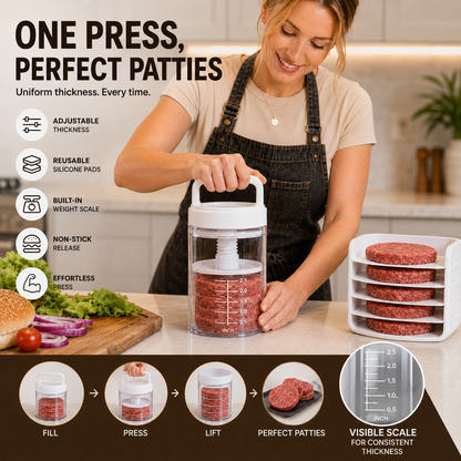 Multi-Function Patty Press | One-Press Uniform Patties | 🏠 Home Burgers • 🏕️ Camping • 🔥 BBQ • 🥩 Meal Prep