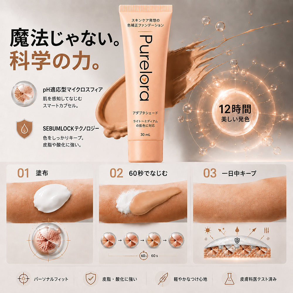 💖【公式ストア】PURELORA® アダプタシェード リキッドファンデーション —— スキンケア成分配合・肌色適応型ファンデーション