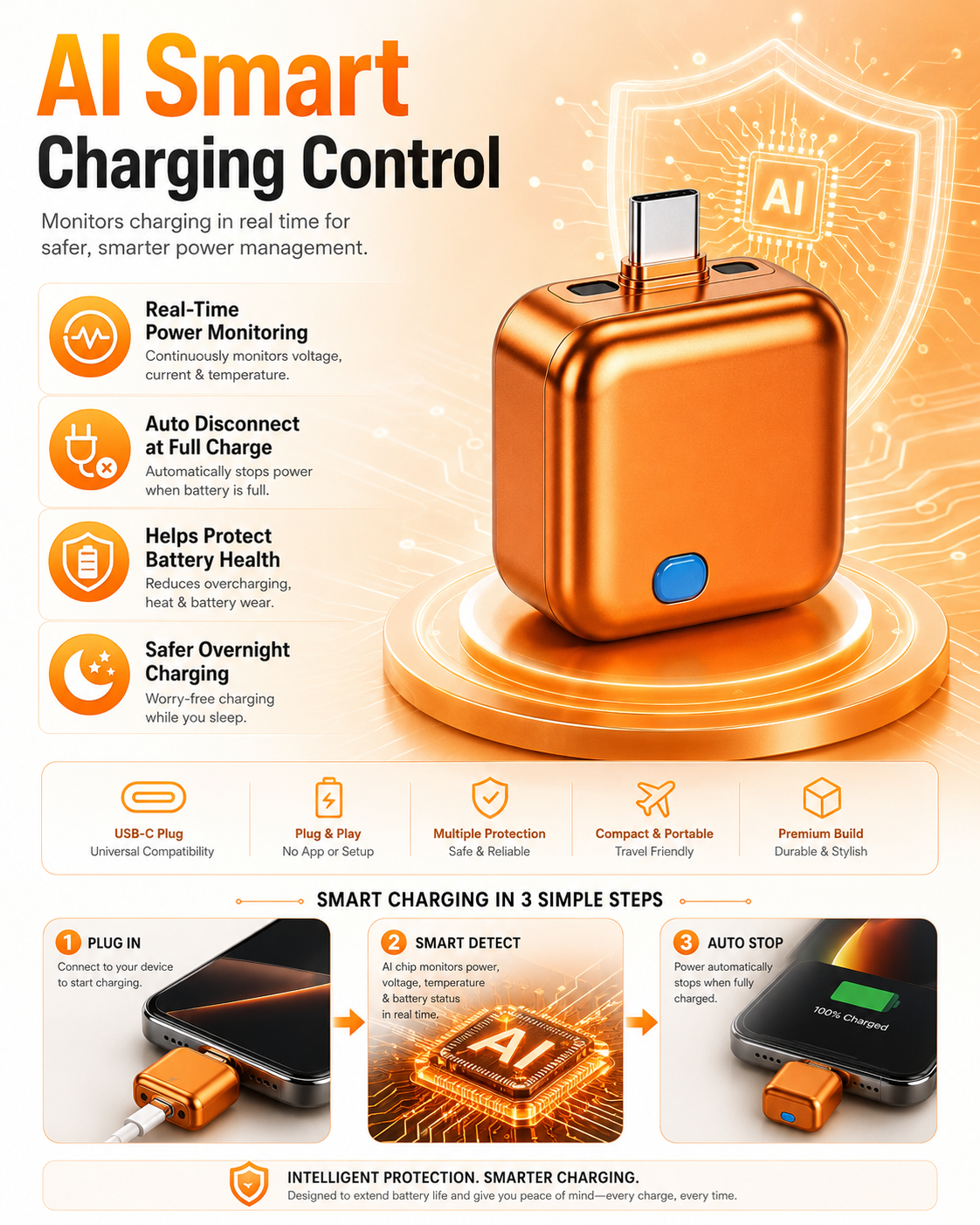 140W TYPE-C AI Smart Auto Power-Off Charging Protector