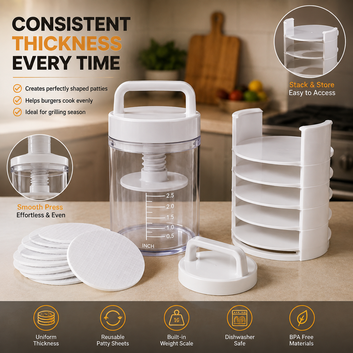 Multi-Function Patty Press | One-Press Uniform Patties | 🏠 Home Burgers • 🏕️ Camping • 🔥 BBQ • 🥩 Meal Prep
